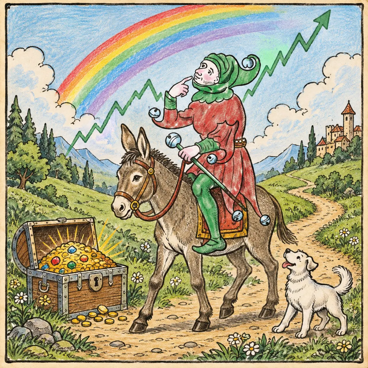 The Fool rides a donkey past treasure beneath a rainbow and rising chart
