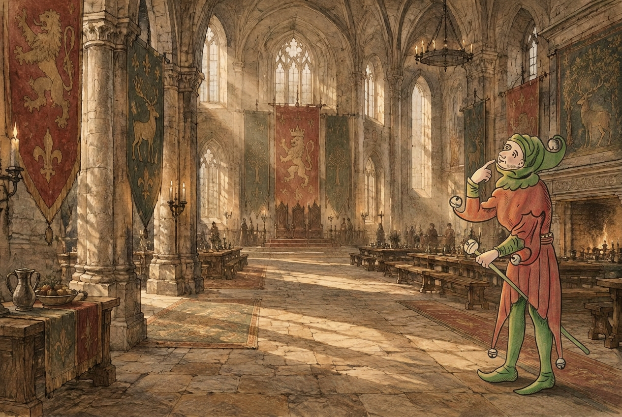 The thoughtful official Fool stands in a sunlit medieval great hall, holding his bell staff